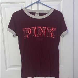 tee shirt, maroon color with sequin pink logo